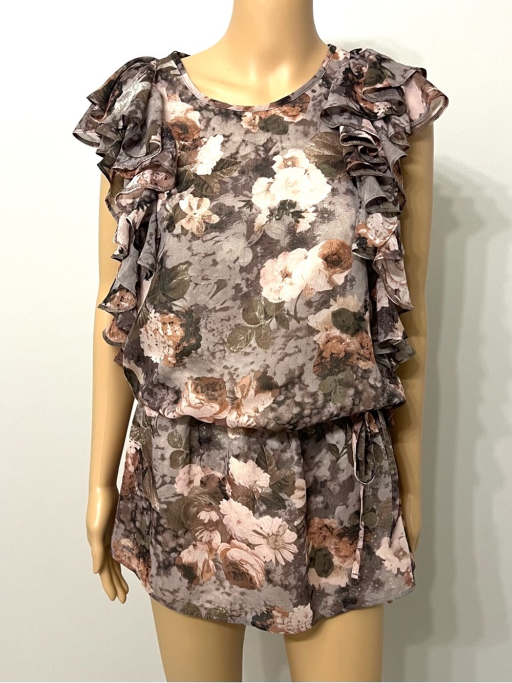 Topshop Women’s Floral Ruffle Tunic Blouse Size 4